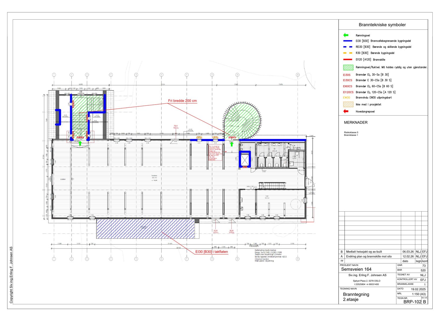 En brannrisktegning (endringstegning) som viser romfordeling, brannskilte, utrykningsveier og brannutstyr for 2. etasje i Sørveien 164.