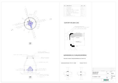 Tegning som viser detaljerte konstruksjoner for kumtopp og kjerneboring, inkludert dimensjoner og materialer.
