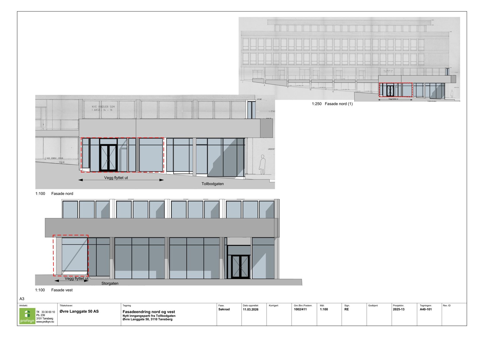 Fasadetegning som viser bygningens utsyn mot nord og vest med detaljer om vinduer og inngang.