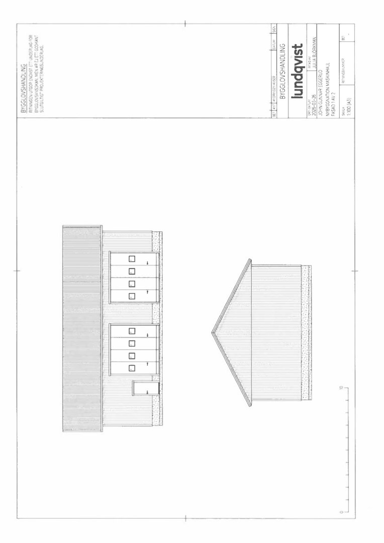 Fasadetegning som viser bygningens utseende fra utsiden, inkludert takform og vinduer.