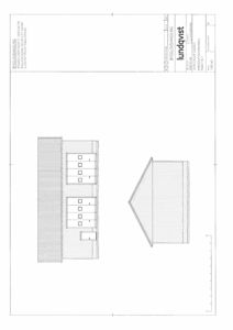 Fasadetegning som viser bygningens utseende fra utsiden, inkludert takform og vinduer.