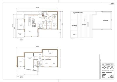 Bildet viser etasjeplaner (planer) for et hus, inkludert romfordeling, dimensjoner og en fasadebeskrivelse (takform).