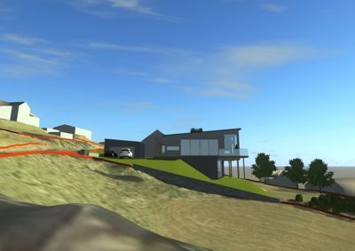 3D-visualisering av en moderne villa på en skråning med bil og nabolag i bakgrunnen.