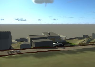 3D-visualisering av en bygning sett fra et høydeperspektiv, inkludert omgivelsene, terreng og en bil.