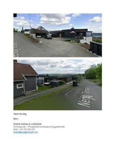 Fotografier av en eksisterende eller planlagt boligbebyggelse sett fra ulike vinkler, inkludert bilde med tekst 'Nerby Terrasse' på asfalten.