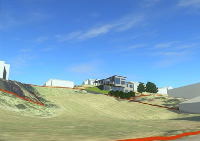 3D-visualisering av en moderne bolig på en skråning, sett fra et lavt vinkel med omgivende tomte og nabolag.