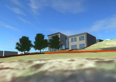 3D-visualisering av en moderne bygning sett fra et lavt vinkel på en skråning.