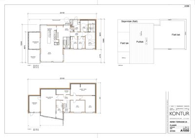 Bildet viser etasjeplaner (planer) for et hus, inkludert romfordeling, dimensjoner og en fasadebeskrivelse (takform).