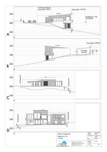 Snittegning (A-D) som viser bygningens tverrsnitt, høyder, terrengforhold og relasjon til nabohus.
