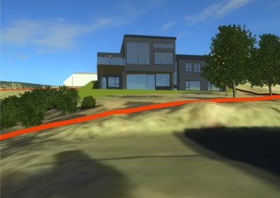 3D-visualisering av en moderne villa sett fra en lav vinkel mot en bakke.