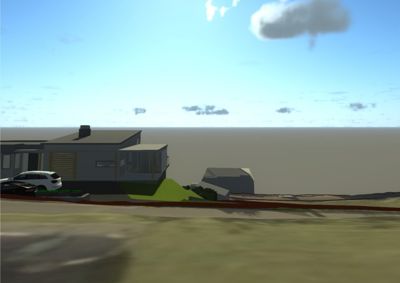 3D-visualisering av en moderne villa sett fra gaten, med bil og nabo i bakgrunnen.