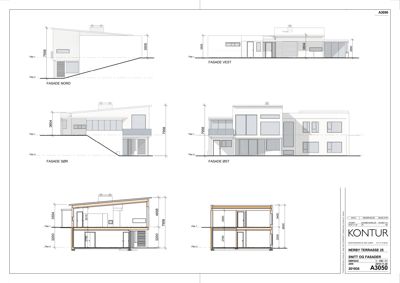Fasadetegning som viser oppriss av bygningens ytre fasader (Nord, Sør, Øst, Vest) med mål og detaljer.