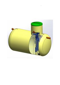 3D-visualisering av et minirenseanlegg i glassfiber (GRP) med snitt for å vise innvendig konstruksjon.
