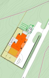 Situasjonsplan som viser bygningens plassering på tomt, arealer (f.eks. 'Påvn', 'Utnyttet bebyggelse'), infrastruktur (pumperom, infiltasjonsfilter) og tilknyttede veier/tilkomst.