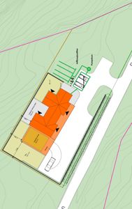 Situasjonsplan som viser bygningens plassering på tomt, arealer (f.eks. 'Påvn', 'Utnyttet bebyggelse'), infrastruktur (pumperom, infiltasjonsfilter) og tilknyttede veier/tilkomst.