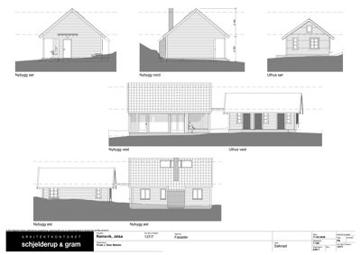 Fasadetegning som viser utsiden av nybygg og uthus sett fra ulike sider (sør, nord, vest, øst).