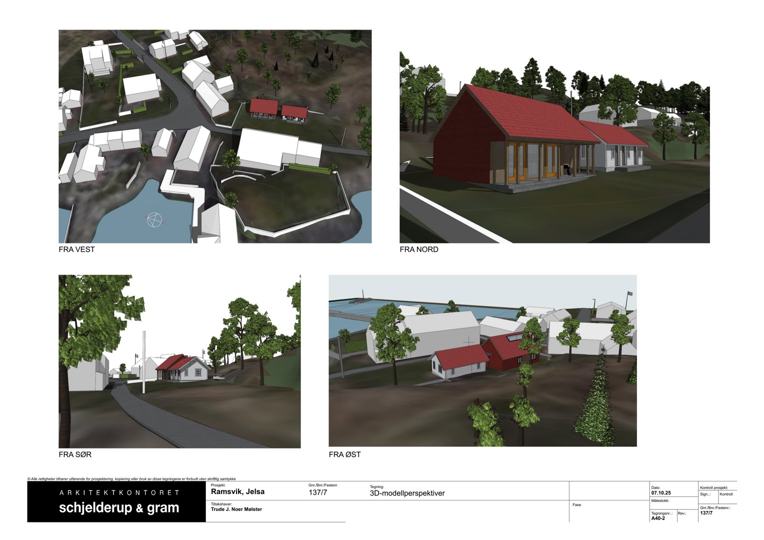 Bildet viser fire 3D-perspektiver (fra vest, nord, sør og øst) av en planlagt bygning i sitt omgivelser.