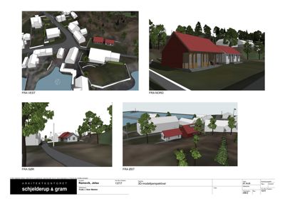 Bildet viser fire 3D-perspektiver (fra vest, nord, sør og øst) av en planlagt bygning i sitt omgivelser.