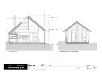 Tegning som viser tverrsnitt av en nybygd uthus og en eksisterende uthus. Tegningen inneholder mål, høyder og konstruksjonsdetaljer.