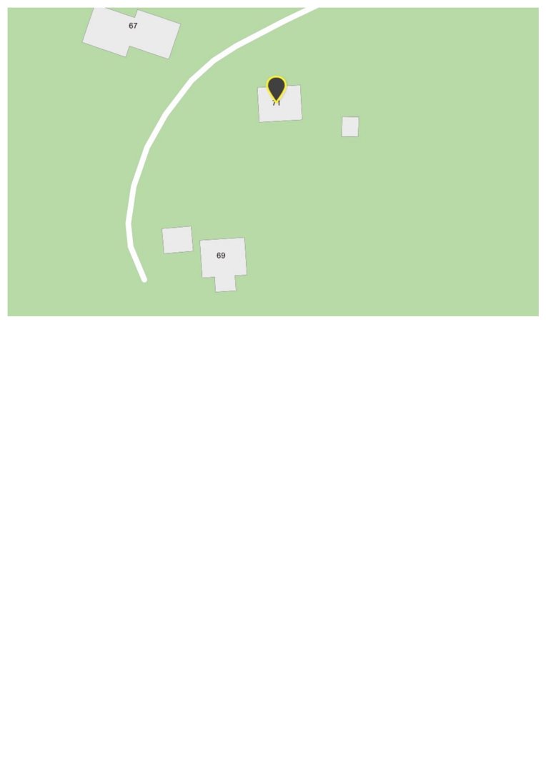 Situasjonsplan som viser tomt med flere bygninger (merket 67, 69, 71) og en vei.