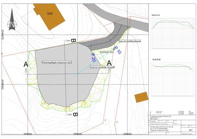 Situasjonsplan som viser tomtegrenser, høydeforhold (konturlinjer), naboeiendom og planlagt inngangsplassering.