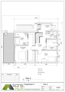 Etasjeplan (Plan 2) som viser romfordeling, mål og areal for en bolig.