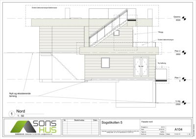 Fasadetegning av bygning sett fra nord, som viser takkonstruksjon, balkong og vindusoppsett.
