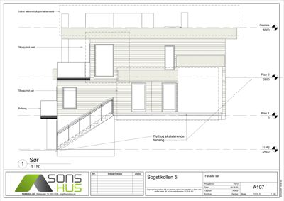 Fasadetegning av en bygning sett fra sør, som viser høyder, takkonstruksjon og terrengforhold.