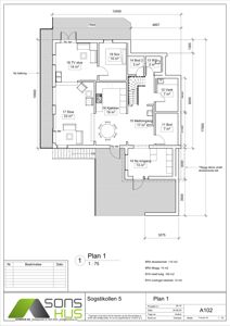 Etasjeplan (Plan 1) som viser romfordeling, arealer og dimensjoner for en bolig.