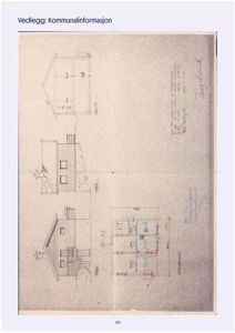 Bildet viser en tegning med fasadeopprikk (fra flere vinkler) og et etasjeplan for en liten bygning.