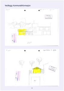 Bildet viser to håndtegnede fasadetegninger av en bygning, sett fra ulike vinkler (vest og sørsid).