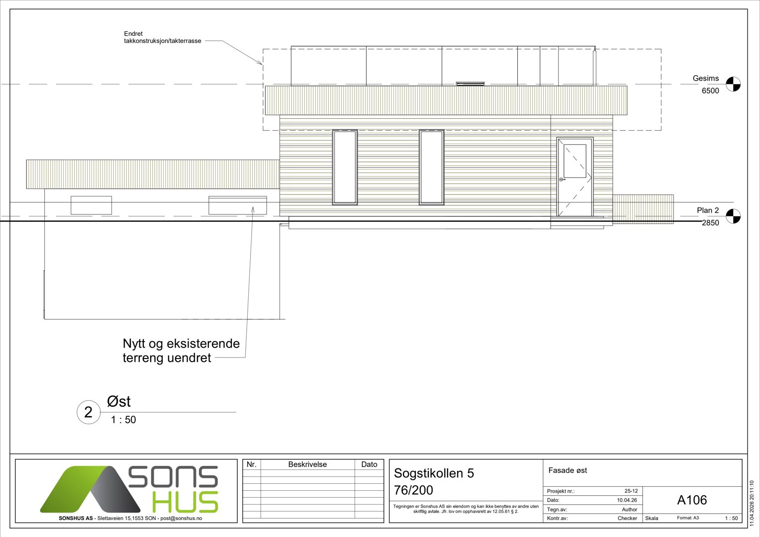 Fasadetegning av bygning sett fra øst, med oppgitt høyder for gesims og plan 2.