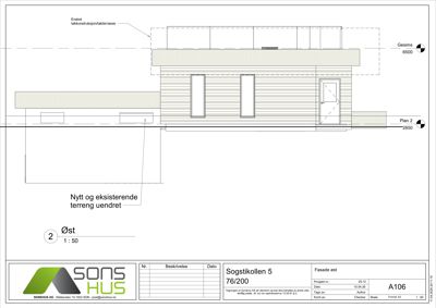 Fasadetegning av bygning sett fra øst, med oppgitt høyder for gesims og plan 2.