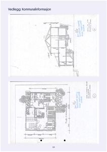 Bildet viser to tegninger. Den øverste er et snitt (section) av en bygning, mens den nederste er et etasjeplan (floor plan) som viser romfordeling og dimensjoner.
