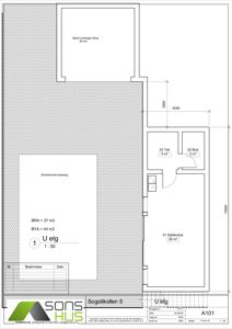 Etasjeplan for U-etasje (U etg) som viser romfordeling, areal (BRA, BYA) og mål.