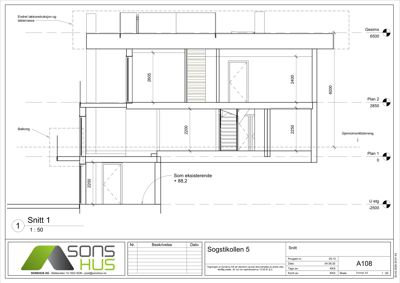 Snittegning (Snitt 1) av en bygning som viser etasjehøyder, romfordeling og konstruksjonsdetaljer.