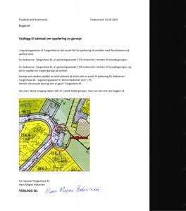 Bildet viser en situasjonsplan (tomtekart) med bygningsplassering, arealbruk og reguleringer for en garasje i Tangenheia.