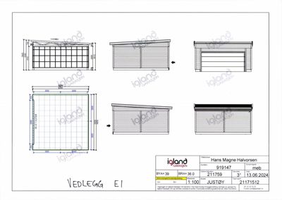 Fasadetegning for en garasje med oppriss fra flere vinkler (front, side, og takperspektiv) samt et planutsnitt.