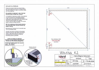 En teknisk detaljtegning som viser mål, snitt (Snitt A) og detaljer for en ringmur med portåpning.
