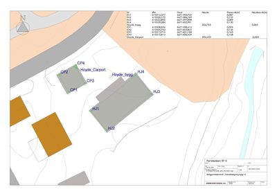 Situasjonsplan som viser tomtens form, bygningers plassering (Hoyde_bygg, Hoyde_Carport) og omgivelsene.