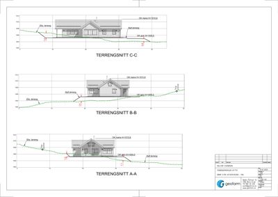 Tegning som viser tverrsnitt (snitt) av etasjehøyden og terrengforholdene i forhold til bygningen.