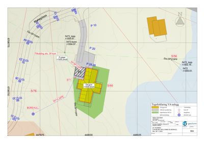 Situasjonsplan som viser tomtens beliggenhet, høydemål, eksisterende og planlagt infrastruktur (rør, kabler), samt bygningers plassering og arealbruk.