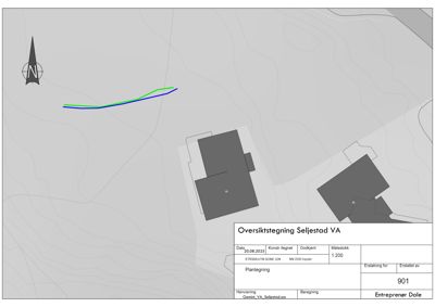 Oversiktstegning (situasjonsplan) som viser tomtens terrengform (konturlinjer), to bygninger, og en planlagt VA-ledning (grønn og blå linje).