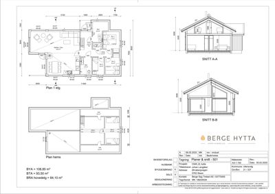 En tegning som viser etasjeplan (Plan 1 etg.) og et grunnplan (Plan hems) for en hytte, samt to snittegninger (Snitt A-A og Snitt B-B).