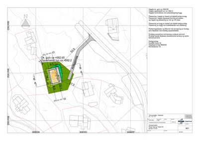 Situasjonsplan som viser bygningens plassering på tomten, høyder, tilstøtende eiendommer og infrastruktur.