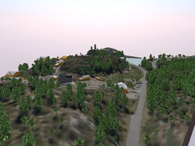 3D-visualisering av et boligområde på en ås med flere hus, veier og vegetasjon.