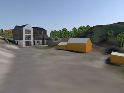 3D-visualisering av et planlagt bygg og omgivelsene.
