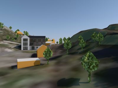 3D-visualisering av et boligkompleks på en skråning med omgivende terreng og trær.