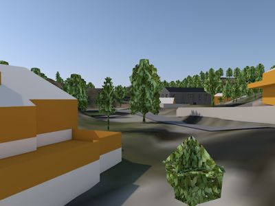 3D-visualisering av et planlagt bygg og omgivelsene.