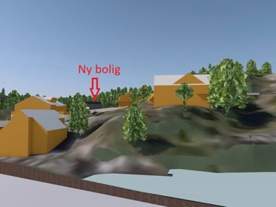3D-visualisering av et boligområde med en markert ny bolig.